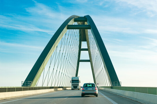 Fehmarnsund Bridge with traffic above the Baltic Sea in Schleswig-Holstein, Germany - 6476