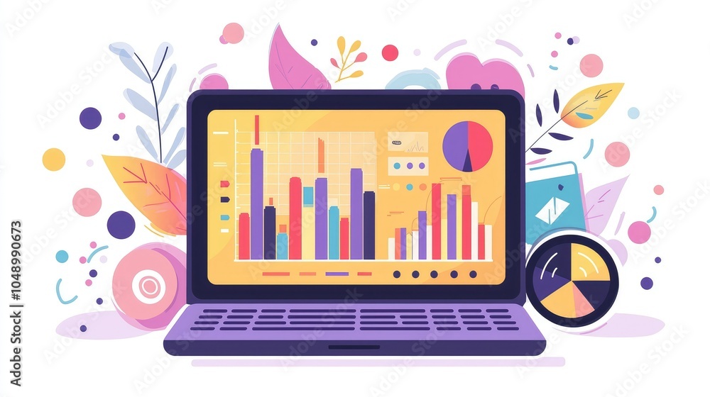 Poster colorful laptop displaying data visualization graphics