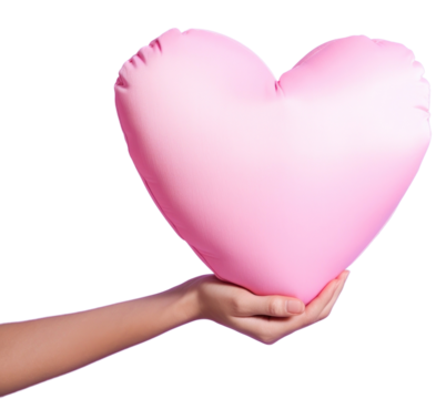 PNG Hand holding big heart pillow balloon celebration romance.