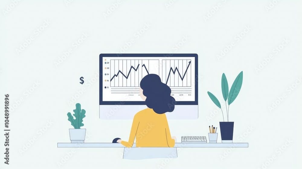 Poster minimalistic person analyzing data on computer