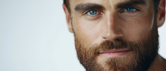 Obraz premium Man with beard and blue eyes gazes seriously into camera