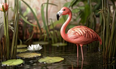 Obraz premium Pink flamingo in a pond with lily pads.