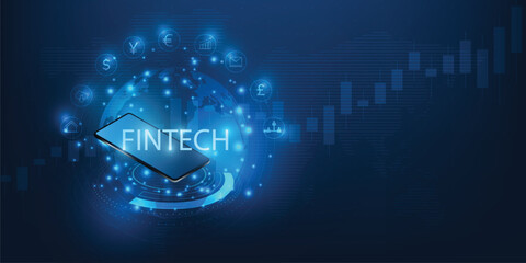 Digital illustration of financial technology with glowing icons and graphs on a blue background. Fintech -financial technology concept. Business investment banking payment. 
 vector illustration.