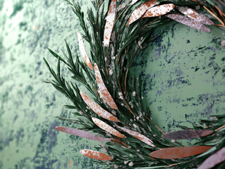 Fototapeta premium Close-up of a handcrafted pine wreath adorned with copper accents and textured details on a green backdrop, showcasing a unique holiday decor style.