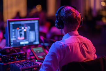 A sound technician monitors audio levels while operating equipment during a live event in an urban venue