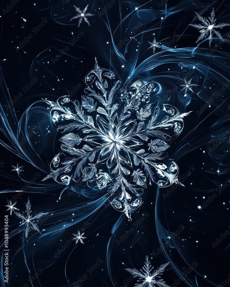 Poster detailed snowflake design on dark background