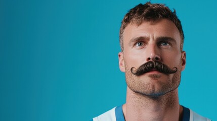Healthy lifestyle with November mustache concept for men. A stylish man with a prominent mustache gazes thoughtfully set against a vibrant blue background showcasing a unique fashion statement