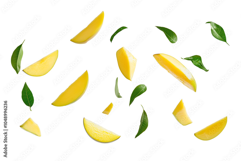 Wall mural Falling mango slices and leaves on a transparent background.