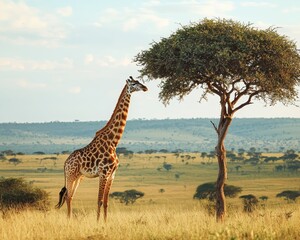 Obraz premium Graceful Giraffe Reaching for Leaves in Tall Grass