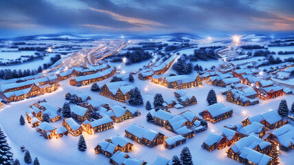 Fototapeta premium An Enchanting Christmas Village from Above, with Festive Charm and Cozy Lights in a Magical Winter Landscape, Where Unique Details Spark Imagination and Enhance the Holiday Spirit
