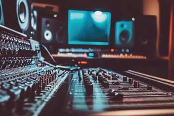 Fototapeta premium A close-up of a sound mixing console in a recording studio at night with monitors in the background