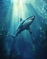 Fototapeta premium Great White Shark Swimming in Ocean Depths