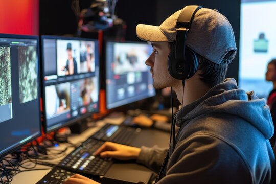 Young man working on video editing in a modern studio with multiple screens and headphones