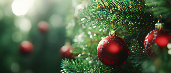 Closeup of a Red Christmas Ornament Hanging on a Pine Tree Branch, Closeup of a Red Christmas Ornament Hanging on a Pine Tree Branc
