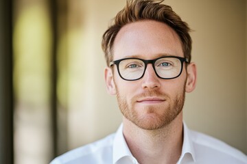 Confident young man with glasses smiling softly against a neutral background in a modern setting