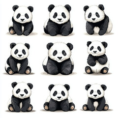 Fototapeta premium Cute and playful panda illustrations featuring various poses and expressions. These adorable pandas are sure to bring joy and charm to any design project