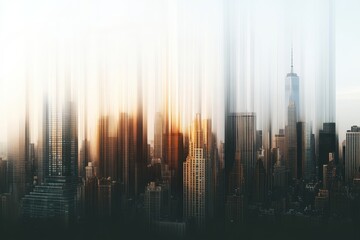 Abstract view of New York City skyline at sunset with blurred light effects and towering buildings