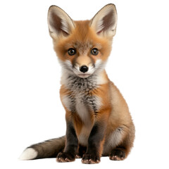 警戒した表情とふわふわの耳で座っている愛らしいアカギツネの子 - 透明な背景の png