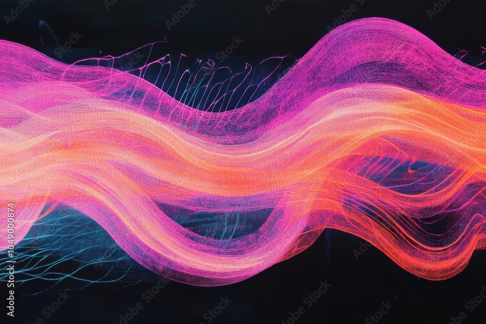 Poster vibrant waves of colorful light create an abstract pattern against a dark background, showcasing flu