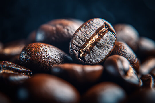 A close-up view of dark roasted coffee beans glistening with rich aroma in soft morning light. Generative AI