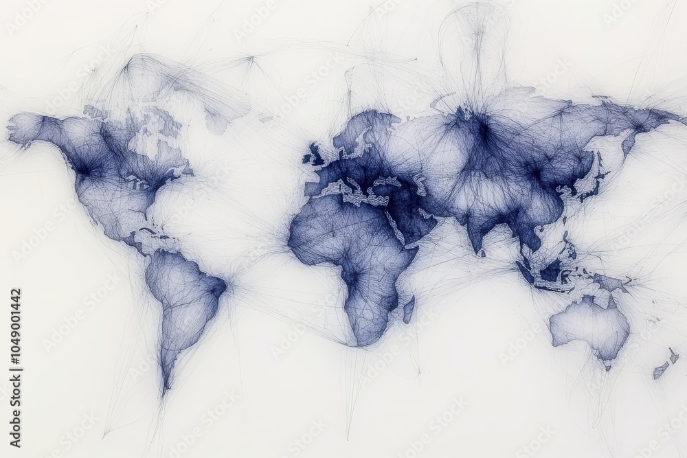Poster a creative, intricate map design showcasing global connections with delicate lines across continents
