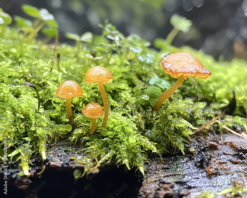 Poster tiny fungi growing on mossy log in forest setting