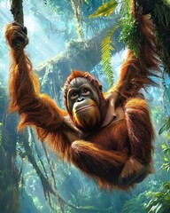 Obraz premium Orangutan Hanging from Tree Branch in Tropical Forest