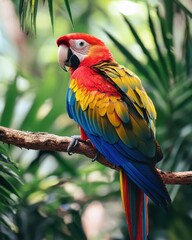 Obraz premium Vibrant Parrot Perched on a Branch in Lush Environment