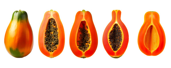 Set of papaya - whole, halves with seeds and half without seeds, isolated on transparent background.