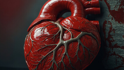 Naklejka premium A three-dimensional, red model of a human heart, showing its chambers and major blood vessels.