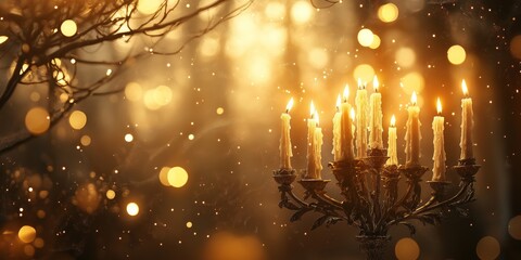 Naklejka premium An elegant candelabra with glowing candles surrounded by a soft, golden light and bokeh effects in a dreamy, abstract setting