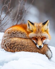 Obraz premium Red Fox Curled Up on Snowy Ground