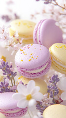 Elegant pastel macarons for easter with spring blossoms - perfect for posters or cards