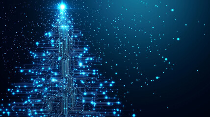 A blue background with an abstract Christmas tree made of glowing digital circuit patterns, symbolizing the holiday season in technology and computer science. Christmas card.