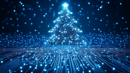 A blue background with an abstract Christmas tree made of glowing digital circuit patterns, symbolizing the holiday season in technology and computer science. Christmas card.