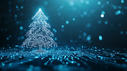 A blue background with an abstract Christmas tree made of glowing digital circuit patterns, symbolizing the holiday season in technology and computer science. Christmas card.