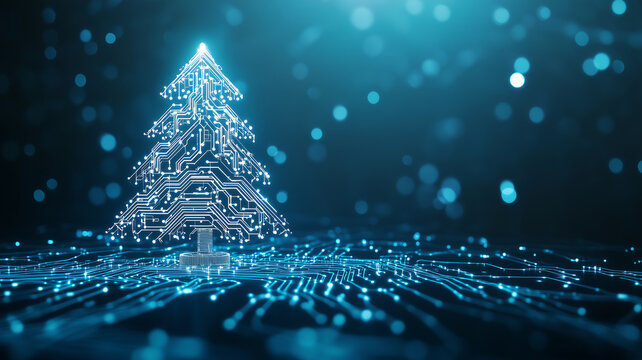 A blue background with an abstract Christmas tree made of glowing digital circuit patterns, symbolizing the holiday season in technology and computer science. Christmas card.