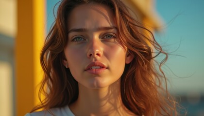 Naklejka premium Gorgeous woman's expression on a simple background. A stunning portrait of sophistication and grace.