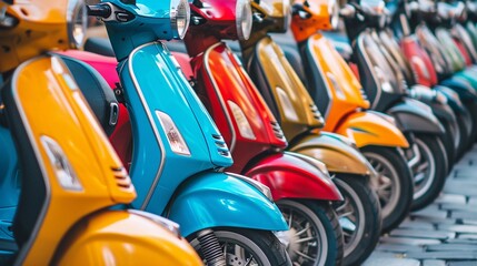 The city street is alive with a row of colorful scooters, each one ready to zip off into the urban adventure.