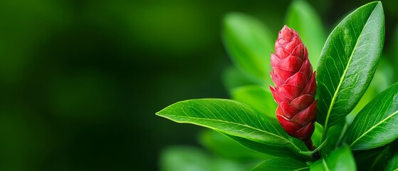  A red flower, focused closely, atop a green branch with a softly blurred background