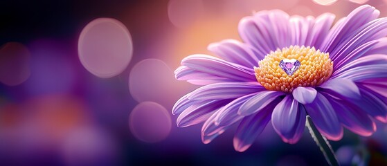 Obraz premium A tight shot of a purple bloom against a backdrop of softly blurred lights, with a red heart at its core