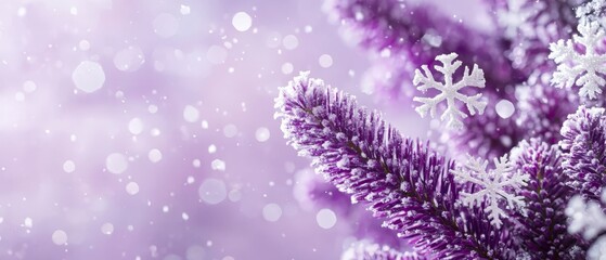 Fototapeta premium A tight shot of a purple plant crowned with snowflakes, beneath it lies a blanket of snow dotted with more flakes
