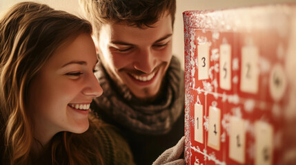 Joyful anticipation of advent: a young couple enjoys opening doors on an advent calendar