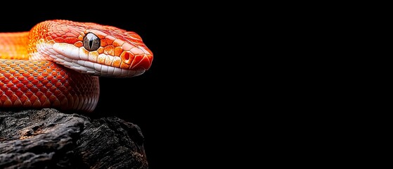 Fototapeta premium A red-and-white snake, in a tight shot, atop a rock Its head faces sideways