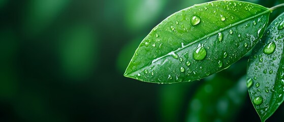  A tight shot of a wet green leaf against a dark backdrop, featuring water droplets