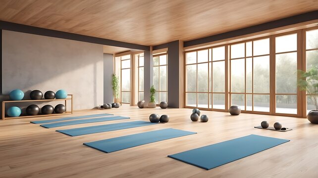 Yoga gym interior with wood floors and natural light