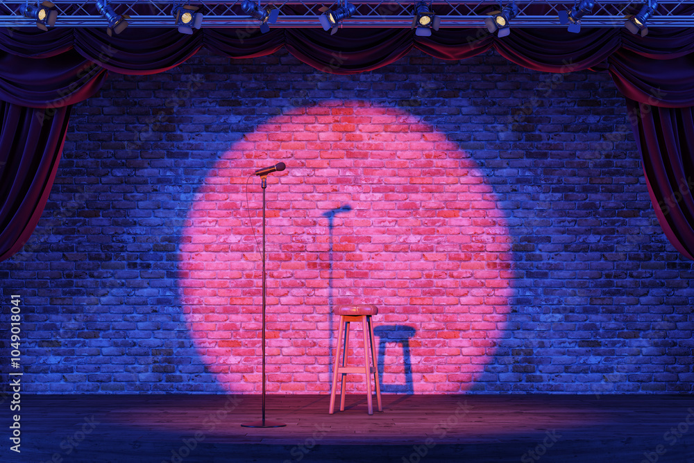 Wall mural empty stand-up stage with a microphone and spotlights. an empty stage with bricks on background