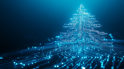 A blue background with an abstract Christmas tree made of glowing digital circuit patterns,...