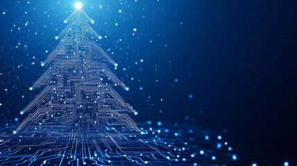 A blue background with an abstract Christmas tree made of glowing digital circuit patterns, symbolizing the holiday season in technology and computer science. Christmas card.