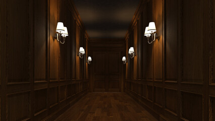 Ancient corridor with doors in an old house, castle, monastery. Vintage interior, classic style.